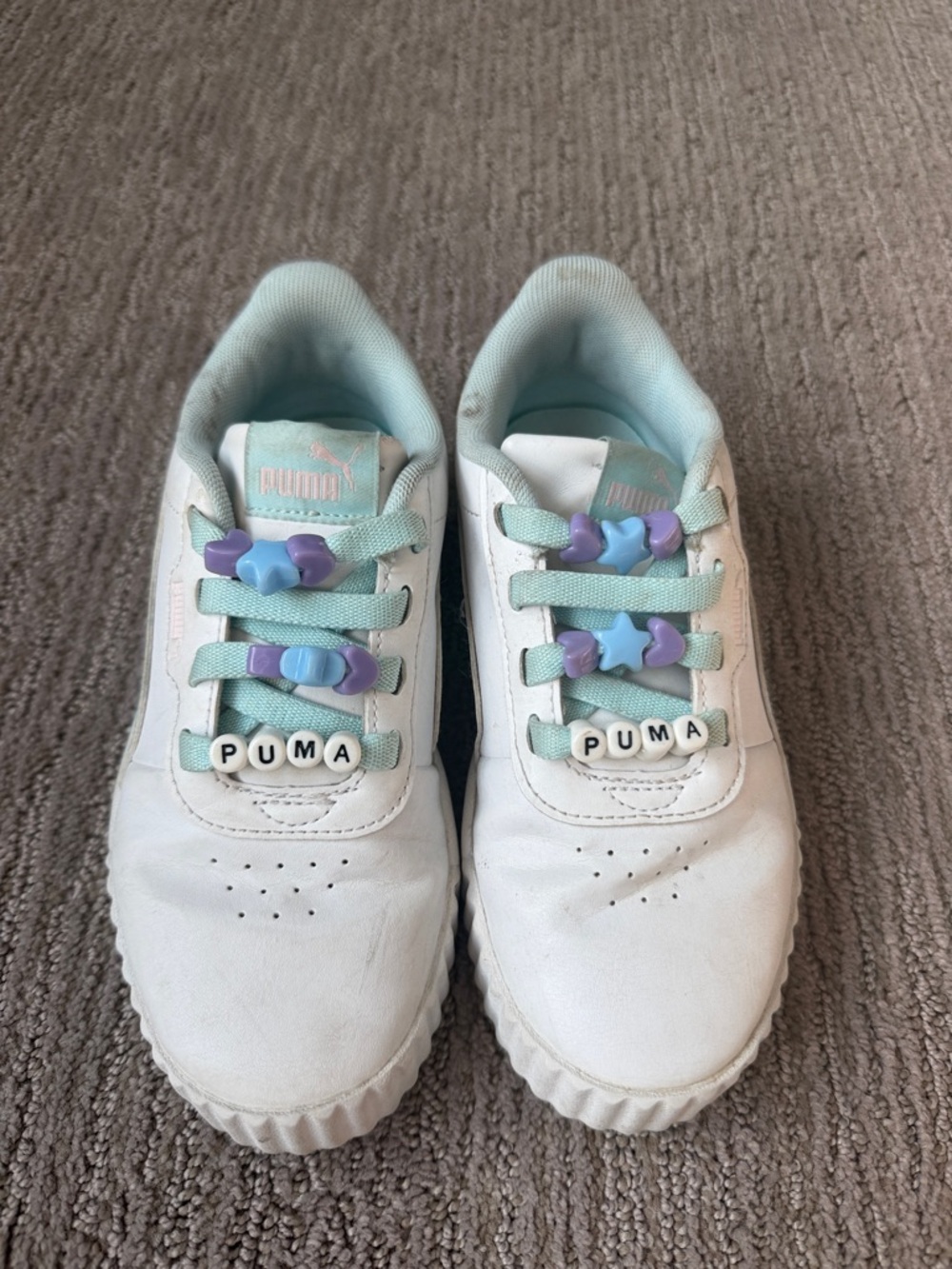 Puma Kids White Sneakers with Mint and Lavender Accents